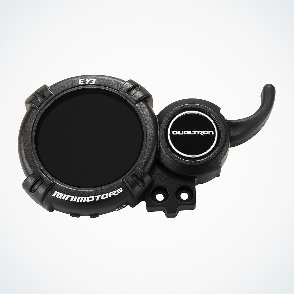 Black plastic component with 'EY3' and 'Dualtron' branding . NEW EY3 Display Top Cover - Dualtron | 02.210.00253