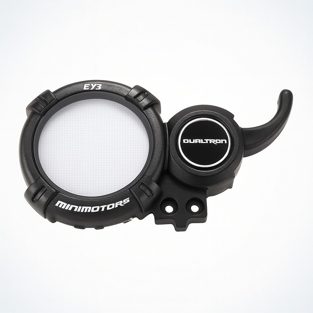 Black plastic component with 'EY3' and 'Dualtron' branding . NEW EY3 Display Top Cover - Dualtron | 02.210.00253