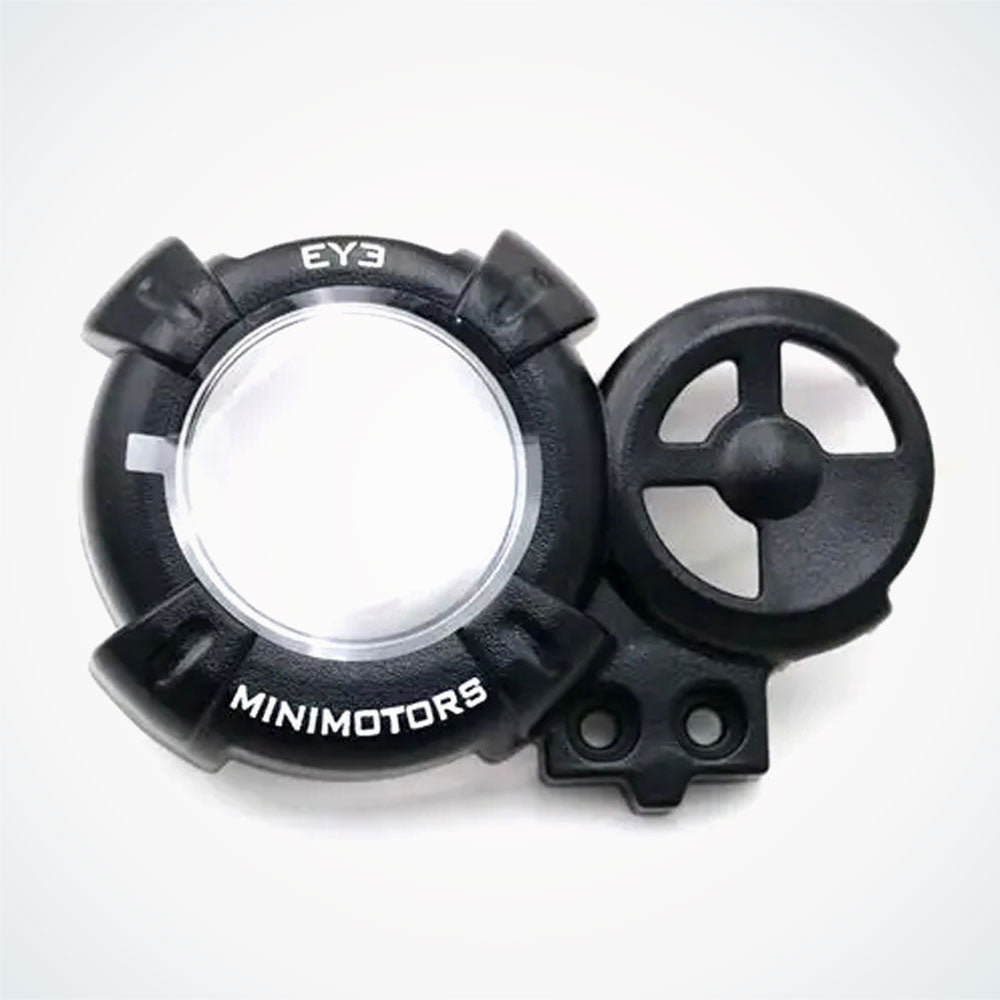 Black and transparent plastic component with 'EY3' and 'MINIMOTORS' branding . EY3 Display Top Cover - Dualtron | 02.210.00044